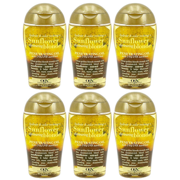 Six bottles of OGX Hydrate Color Reviving Sunflower Shimmering Blonde Penetrating Oil, each with elegant gold caps, are arranged in two rows of three. This is a 6-pack by OGX for hydrating and reviving blonde hair.